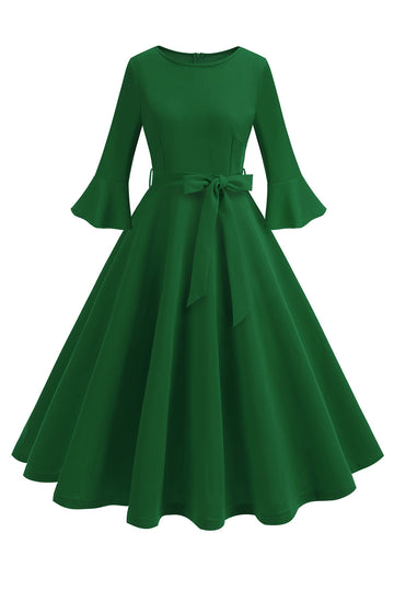 Vestido vintage de manga larga plisada de cuello redondo verde oscuro de la década de 1950